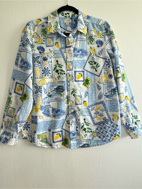 J. Crew Tops - J.Crew Linen Blend Blue Tile Lemon Dolce Vita Amalfi Print Shirt Women M